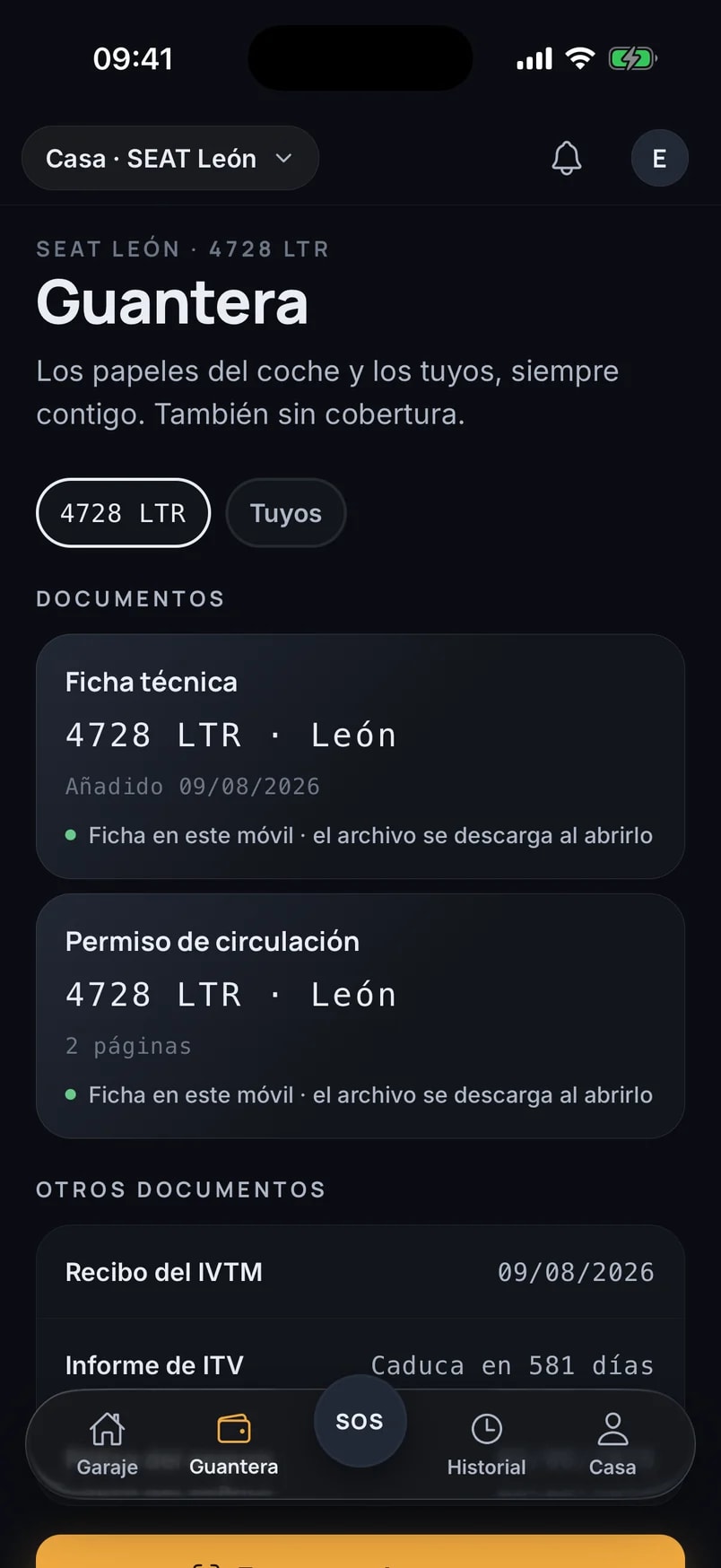 Pantalla Guantera de Kiuvia: los papeles del coche guardados en el móvil, cada uno con su caducidad.