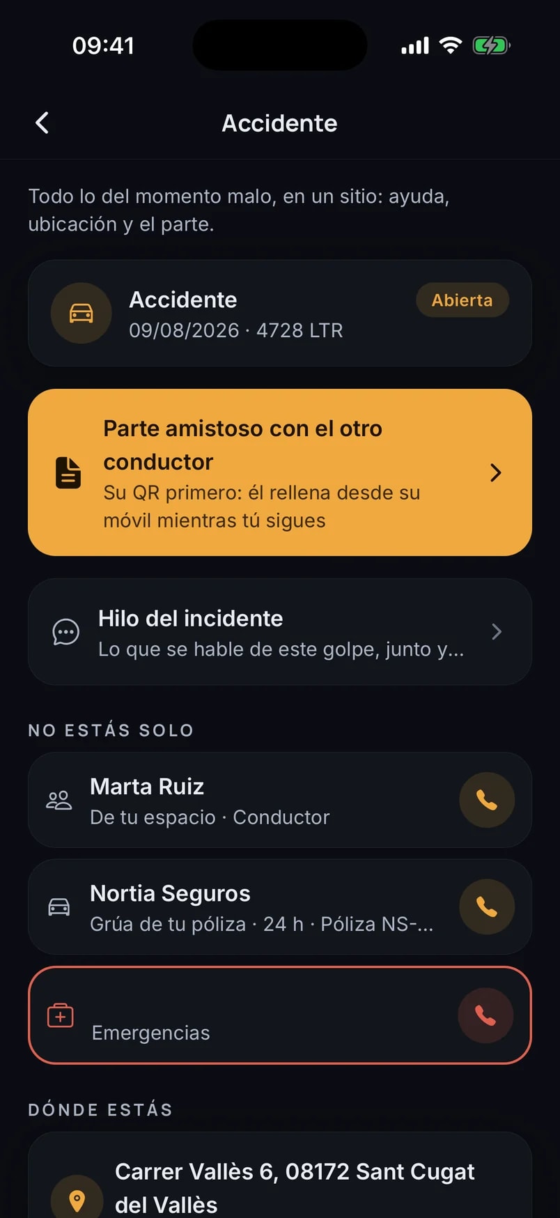 Pantalla de incidencia de Kiuvia: un accidente abierto con el parte para el otro conductor y la ubicación exacta.