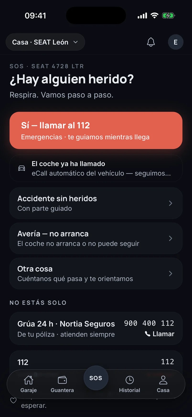 Pantalla SOS de Kiuvia: «¿Hay alguien herido?» y el botón coral «Sí — llamar al 112».